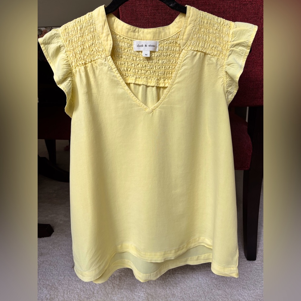 Yellow Cloth and Stone Smocked V-Neck Blouse with Ruffled Cap Sleeves, NWOT